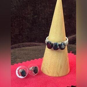 3 Stone Midnight Sapphire Ring & Earrings Set in Durable Stainless Steel.